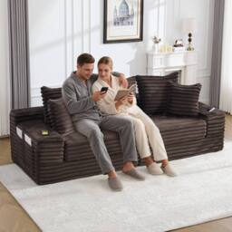 Matteo Corduroy Convertible Sofa Bed with Pockets & Cup Holders - Coffee in Brown - thumbnail 3