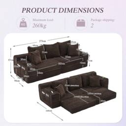 Matteo Corduroy Convertible Sofa Bed with Pockets & Cup Holders - Coffee in Brown - thumbnail 2