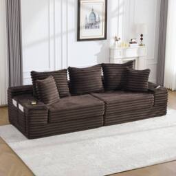 Matteo Corduroy Convertible Sofa Bed with Pockets & Cup Holders - Coffee in Brown - thumbnail 9