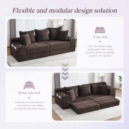 Matteo Corduroy Convertible Sofa Bed with Pockets & Cup Holders - Coffee in Brown - thumbnail 6