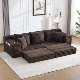 Matteo Corduroy Convertible Sofa Bed with Pockets & Cup Holders - Coffee in Brown