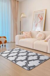 Living and Home 60cm W x 120cm L Soft Fluffy Geometric Pattern Rectangular Non-Slip Area Rug in White - Size: 60 cm x 120 cm - thumbnail 2