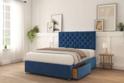 "Sloomy Mayfair Plush Divan Bed Base 2 Drawers Same Side With 26"" Strutted Headboard in Navy - Size: Double" - thumbnail 2