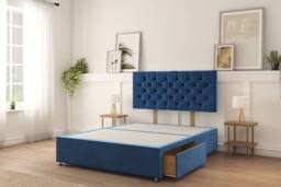 "Sloomy Mayfair Plush Divan Bed Base 2 Drawers Same Side With 26"" Strutted Headboard in Navy - Size: Double" - thumbnail 1