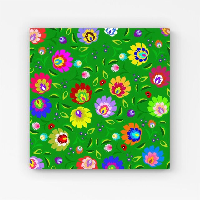 "Warren Reed - Designer Polish Folk Floral Canvas in Green - Size: W30"" x H30""" - image 1