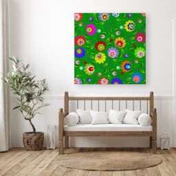 "Warren Reed - Designer Polish Folk Floral Canvas in Green - Size: W30"" x H30""" - thumbnail 3