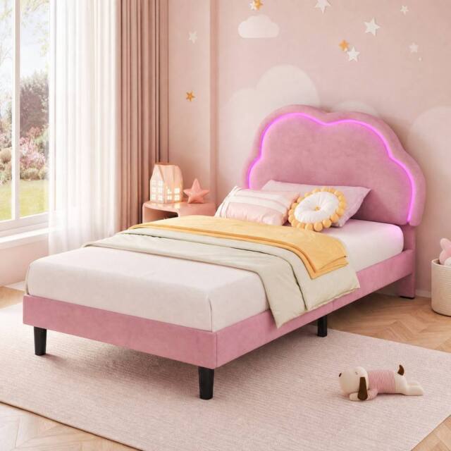 STILVORA Single Upholstered Bed with RGB LED Headboard in Pink - image 1