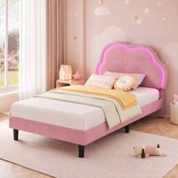 STILVORA Single Upholstered Bed with RGB LED Headboard in Pink - thumbnail 1