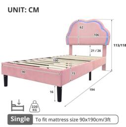 STILVORA Single Upholstered Bed with RGB LED Headboard in Pink - thumbnail 4