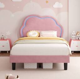 STILVORA Single Upholstered Bed with RGB LED Headboard in Pink - thumbnail 2