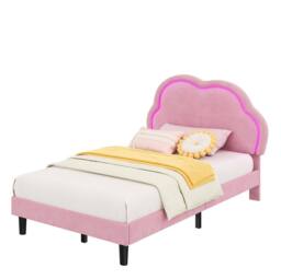 STILVORA Single Upholstered Bed with RGB LED Headboard in Pink - thumbnail 5
