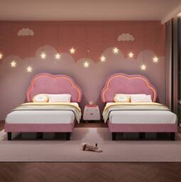 STILVORA Single Upholstered Bed with RGB LED Headboard in Pink - thumbnail 3