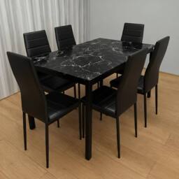 KOSY KOALA Black Marble Dining Table with 6 Black Faux Leather Chairs Furniture - thumbnail 1