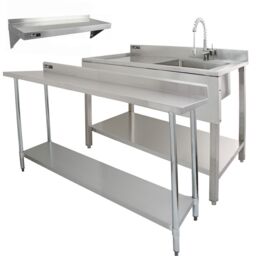 Monstershop 6ft Stainless Steel Catering Bench, Stainless Steel Sink - Left Hand in Silver