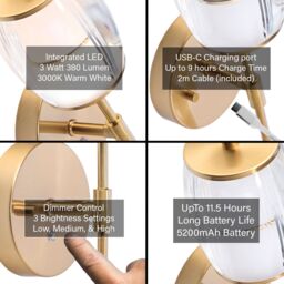 Happy Homewares Satin Gold Wireless Rechargeable Touch Dimmer Wall Light with Clear Glass Shade - thumbnail 4