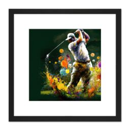 Artery8 Golfer Golf Course Golfing Sport Oil Painting Swing Out of Bunker Green Yellow Painting Square Wooden Framed Wall Art Print Picture 8X8 Inch - thumbnail 1