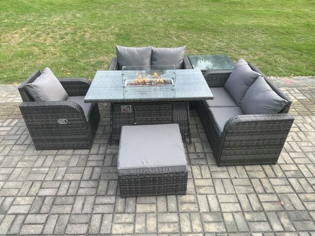 Fimous Rattan Garden Furniture Set with Gas Fire Pit Dining Table, Big Footstool & Side Table Indoor Outdoor 6 piece Love Sofa set in Dark Grey - image 1