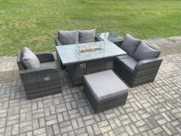 Fimous Rattan Garden Furniture Set with Gas Fire Pit Dining Table, Big Footstool & Side Table Indoor Outdoor 6 piece Love Sofa set in Dark Grey - thumbnail 3