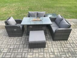 Fimous Rattan Garden Furniture Set with Gas Fire Pit Dining Table, Big Footstool & Side Table Indoor Outdoor 6 piece Love Sofa set in Dark Grey - thumbnail 1