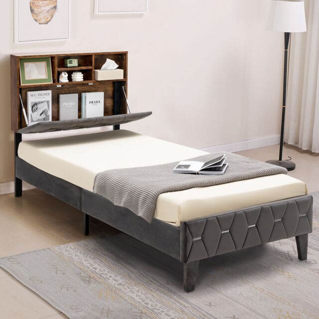 Costway Single Size Bed Frame Upholstered Platform Bed Slat Support W/ Storage Headboard in Grey - image 1