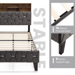Costway Single Size Bed Frame Upholstered Platform Bed Slat Support W/ Storage Headboard in Grey - thumbnail 4