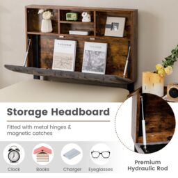 Costway Single Size Bed Frame Upholstered Platform Bed Slat Support W/ Storage Headboard in Grey - thumbnail 2