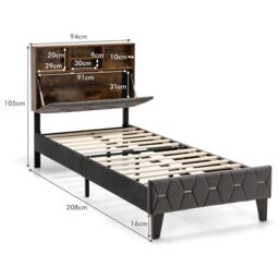 Costway Single Size Bed Frame Upholstered Platform Bed Slat Support W/ Storage Headboard in Grey - thumbnail 5