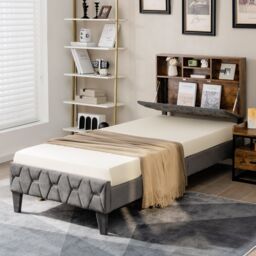 Costway Single Size Bed Frame Upholstered Platform Bed Slat Support W/ Storage Headboard in Grey - thumbnail 6