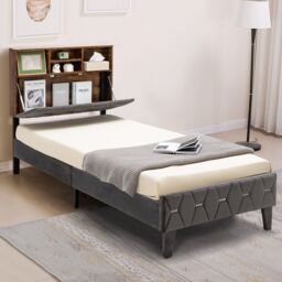 Costway Single Size Bed Frame Upholstered Platform Bed Slat Support W/ Storage Headboard in Grey - thumbnail 1