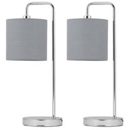 First Choice Lighting Set of 2 Chrome Arched Table Lamps with Grey Cotton Shades in Silver