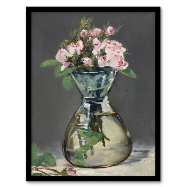 Artery8 Moss Roses in a Vase Oil Painting Manet Vintage Framed Wall Art Print in Grey - Size: A4 - image 1