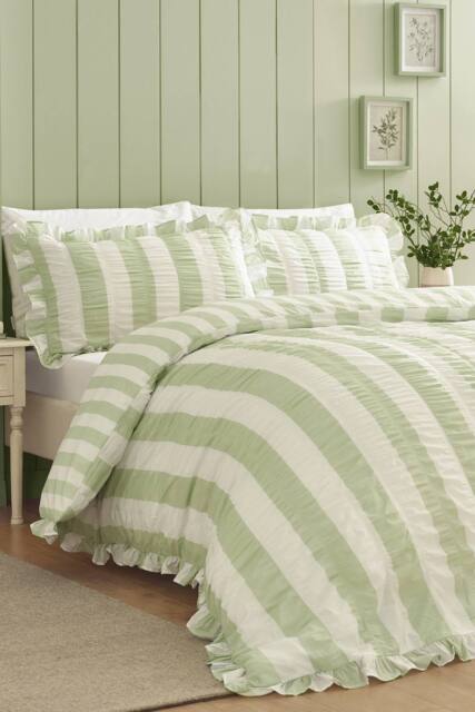 Catherine Lansfield 'Seersucker Frill Stripe' Duvet Cover Set in Green - Size: King - image 1