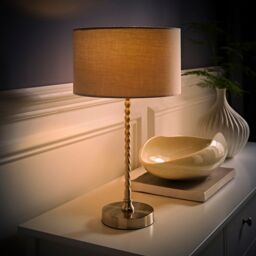 ValueLights Maeve Fabric Drum Lamp Shade Brushed Chrome Bobbin Bobble Table Lamp with Bulb in Grey - thumbnail 3