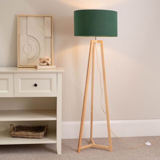 ValueLights Lottie Natural Wood Tripod Floor Lamp with Fabric Drum Shade in Green - image 1