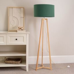 ValueLights Lottie Natural Wood Tripod Floor Lamp with Fabric Drum Shade in Green - thumbnail 3