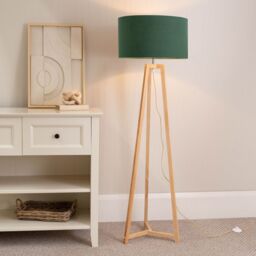 ValueLights Lottie Natural Wood Tripod Floor Lamp with Fabric Drum Shade in Green - thumbnail 1