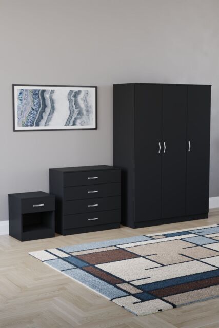 Home Discount Vida Designs Riano 3Pc Bedroom Set - 4 Drawer Chest, 3 Door Wardrobe in Black - image 1