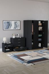 Home Discount Vida Designs Riano 3Pc Bedroom Set - 4 Drawer Chest, 3 Door Wardrobe in Black - thumbnail 2