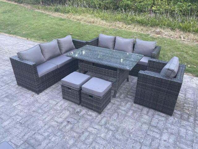 Fimous Lounge Sofa Garden Furniture Set Rattan Rectangular Dining Table Patio Chair with 2 Small Footstool 9 Seater in Dark Grey - image 1