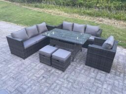 Fimous Lounge Sofa Garden Furniture Set Rattan Rectangular Dining Table Patio Chair with 2 Small Footstool 9 Seater in Dark Grey - thumbnail 1
