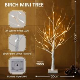Olsen & Smith Set of 2 Pre Lit Christmas Tree Mini Birch Twig Decorations in White - Size: 2ft - thumbnail 2