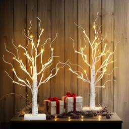 Olsen & Smith Set of 2 Pre Lit Christmas Tree Mini Birch Twig Decorations in White - Size: 2ft - thumbnail 4