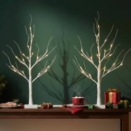Olsen & Smith Set of 2 Pre Lit Christmas Tree Mini Birch Twig Decorations in White - Size: 2ft - thumbnail 1
