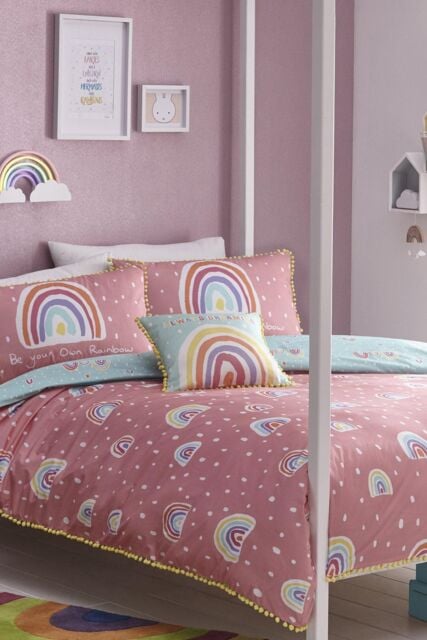 Appletree 'Rainbow Pom' 100% Cotton Reversible Kids Duvet Cover Set With Pom Pom Embellishments - Size: Double - image 1