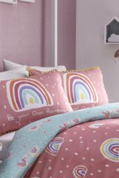 Appletree 'Rainbow Pom' 100% Cotton Reversible Kids Duvet Cover Set With Pom Pom Embellishments - Size: Double - thumbnail 3