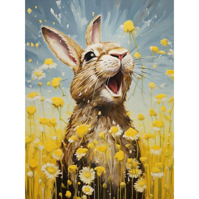 Artery8 Wall Art Print The Happy Bunny Rabbit Playing in a Field of Daisies Vibrant Oil Painting Kids Bedroom Blue Yellow Bright Summer Meadow Poster - image 1