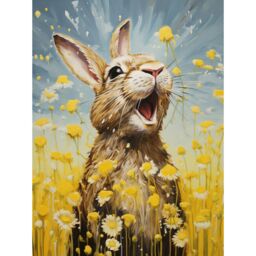 Artery8 Wall Art Print The Happy Bunny Rabbit Playing in a Field of Daisies Vibrant Oil Painting Kids Bedroom Blue Yellow Bright Summer Meadow Poster - thumbnail 1
