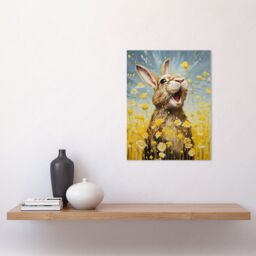 Artery8 Wall Art Print The Happy Bunny Rabbit Playing in a Field of Daisies Vibrant Oil Painting Kids Bedroom Blue Yellow Bright Summer Meadow Poster - thumbnail 2
