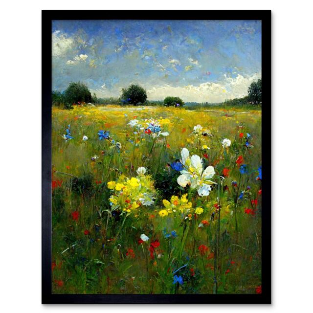 "Artery8 Wall Art Print Wildflower Summer Meadow Floral Landscape Oil Art Framed in Black - Size: W12"" x H16""" - image 1