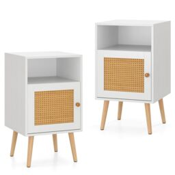 Costway 2Pcs Rattan Nightstand Bedside Table PE Rattan Decorated Door in White